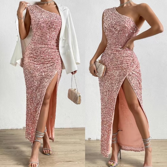 Luxe purple one shoulder slit thigh party formal evening sequins dress - Picture 7 of 16